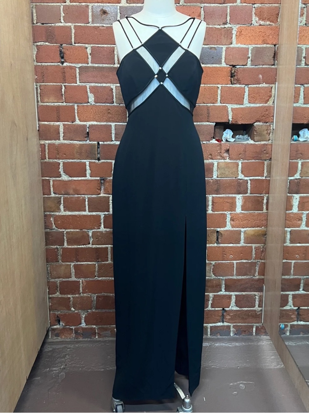 Niteline Vintage Y2K Black Strappy Maxi Gown Mesh + Rhinestone Detailing